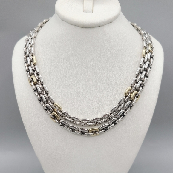 David Yurman Thoroughbred Double Row Cushion Link Necklace With 18k Gold - Picture 2 of 6